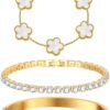 Stackable Floral Bracelet Set 18K Gold Plated 3 Pieces