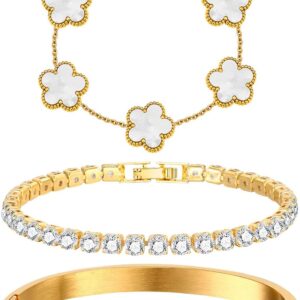 Stackable Floral Bracelet Set 18K Gold Plated 3 Pieces