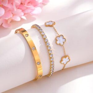 Stackable Floral Bracelet Set 18K Gold Plated 3 Pieces - Image 4