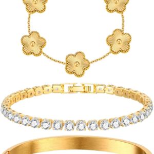 Stackable Floral Bracelet Set 18K Gold Plated 3 Pieces - Image 9